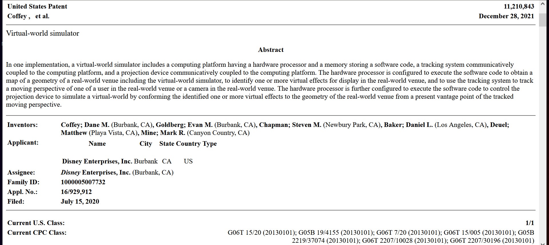 Disney Patent Virtual World Simulator