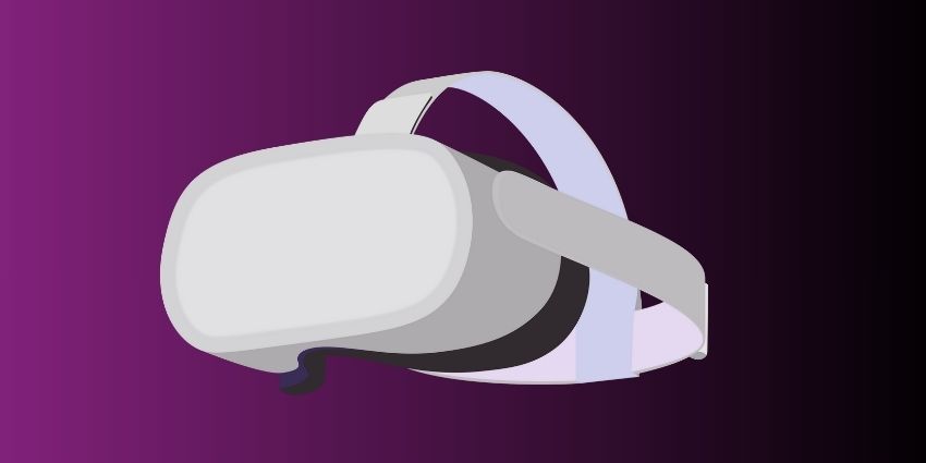 Standard VR headset amongst a gradient purple and black backdrop