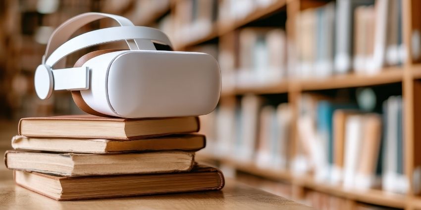 VR headset on a pile of books
