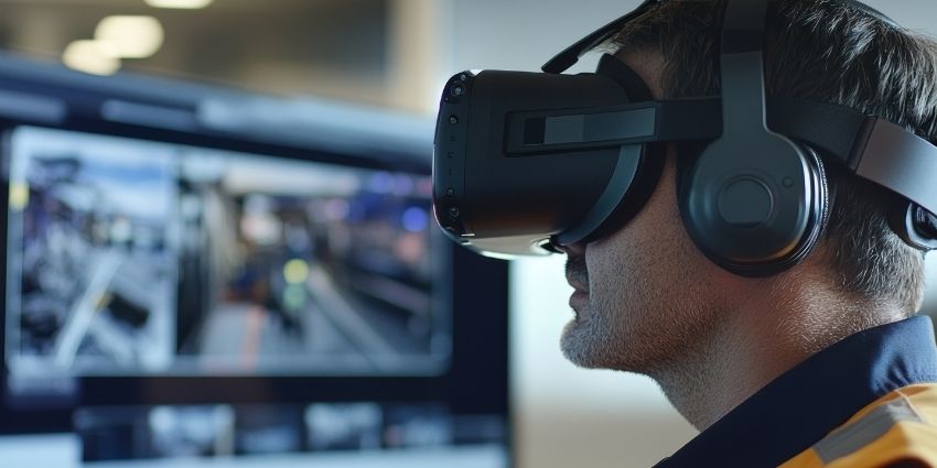 Construction worker wearing a VR headset