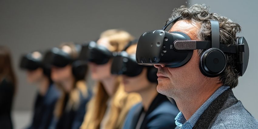 Group of business workers wearing VR headsets