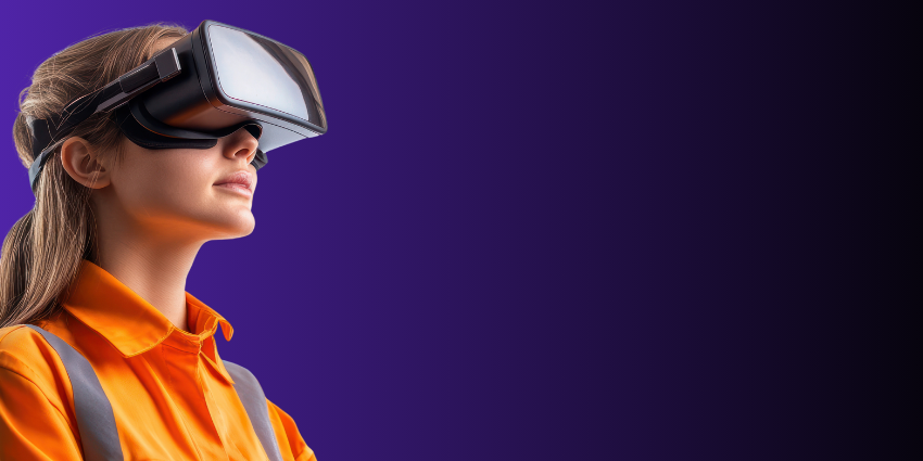 Female construction worker wearing a VR headset