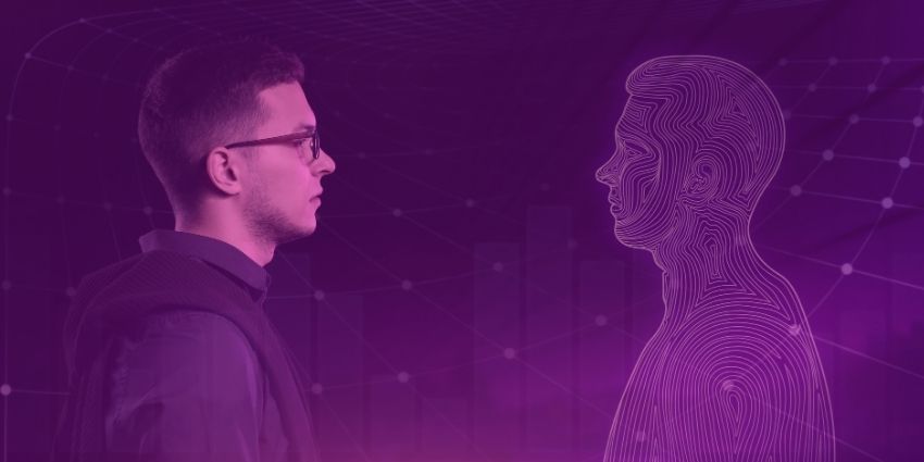 Man stood across a digital version of himself.