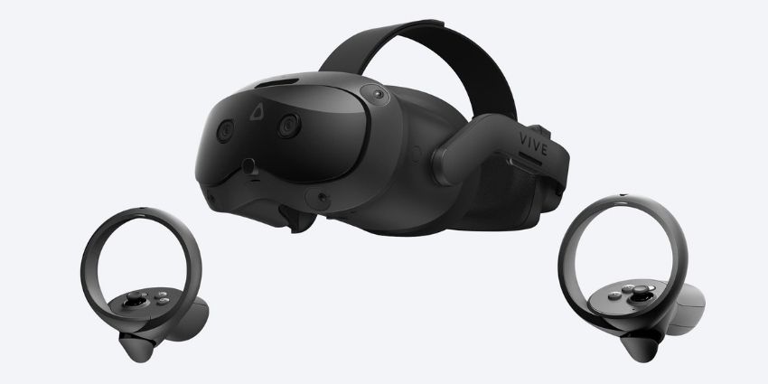 HTV Vive Headset with controllers on a grey plain background