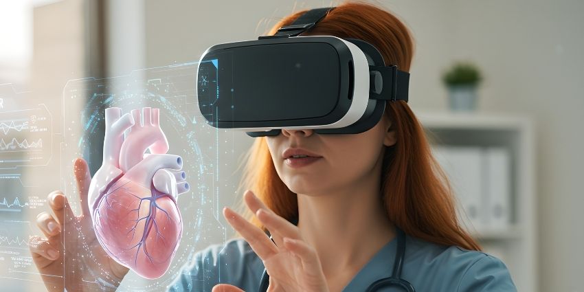 Healthcare worker wearing VR headset training on a virtual heart
