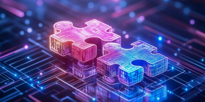 Jigsaw puzzle coming together on a circuit board