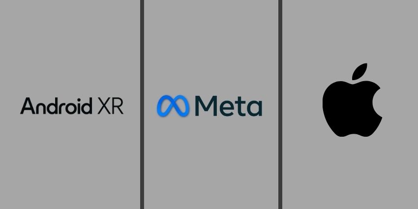 Logos from Android XR, Meta & Apple on a grey background