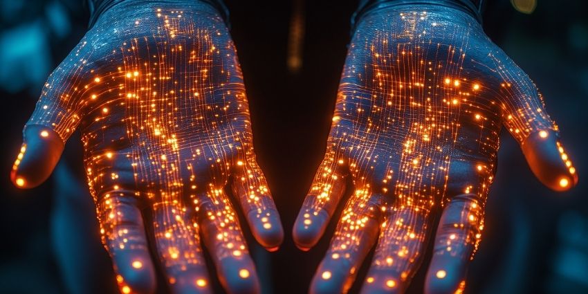 Hands reaching out, with a current running through them symbolising technology