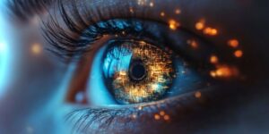 Female eye lit up by technology