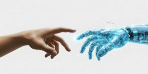 Human hand reaching out touching a digital hand