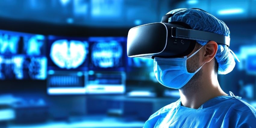 Surgeon wearing a VR headset indicating VR training simulation