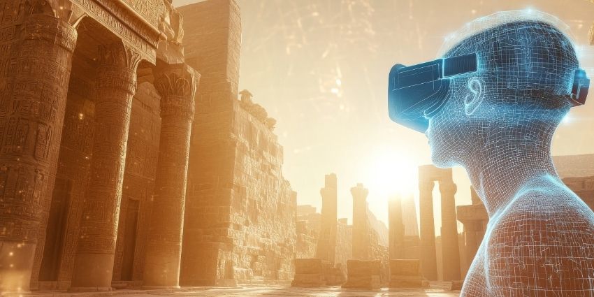 Immersive Learning VR headset, looking at an ancient building