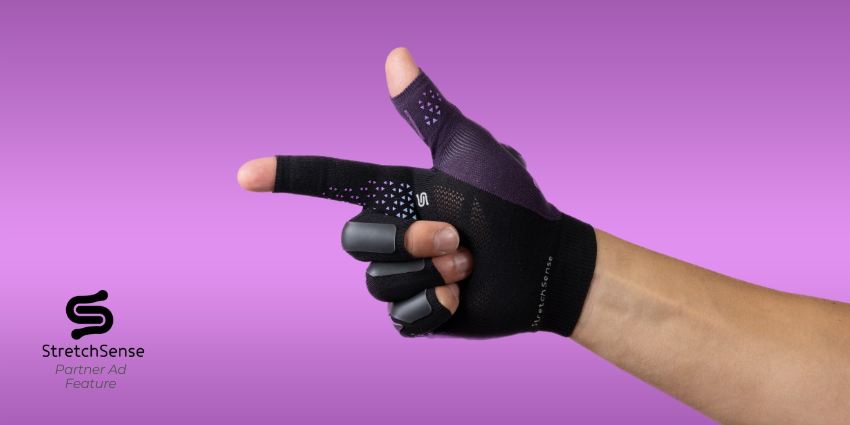 StretchSense’s XR Train Glove pointing to the left on a purple background
