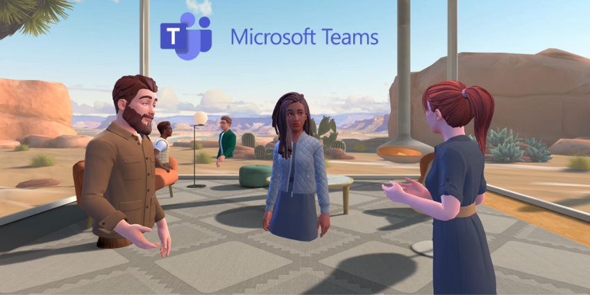 Avatars collaborating inside a 3D Microsoft Teams immersive event space during a company town hall.